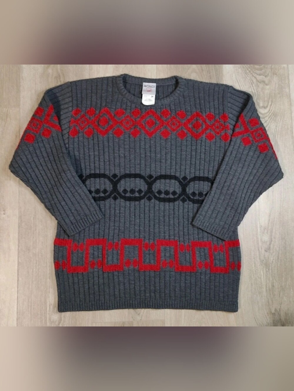 Vintage Mondi Gray Red Black Ribbed Wool Sweater Size 34 (~S) Made In Germany